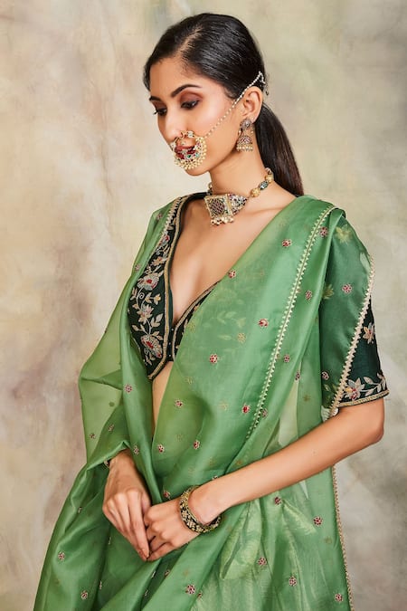 Buy Sue Mue Green Tissue, Raw Silk And Organza V Neck Embroidered Lehenga Set Online at Aza Fashions Buy_Sue Mue_Green Tissue, Raw Silk And Organza V Neck Embroidered Lehenga Set _Online_at_Aza_Fashions
