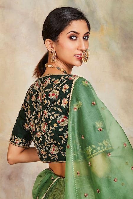 Shop Sue Mue Green Tissue, Raw Silk And Organza V Neck Embroidered Lehenga Set Online at Aza Fashions Shop_Sue Mue_Green Tissue, Raw Silk And Organza V Neck Embroidered Lehenga Set _Online_at_Aza_Fashions