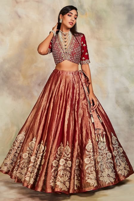 Sue Mue Maroon Tissue, Raw Silk And Organza V Neck Embroidered Lehenga Set Online at Aza Fashions Sue Mue_Maroon Tissue, Raw Silk And Organza V Neck Embroidered Lehenga Set _Online_at_Aza_Fashions