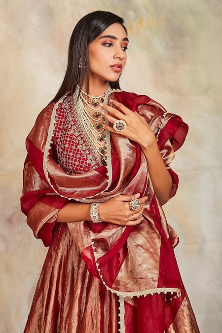 Buy Sue Mue Maroon Tissue, Raw Silk And Organza V Neck Embroidered Lehenga Set Online at Aza Fashions Buy_Sue Mue_Maroon Tissue, Raw Silk And Organza V Neck Embroidered Lehenga Set _Online_at_Aza_Fashions