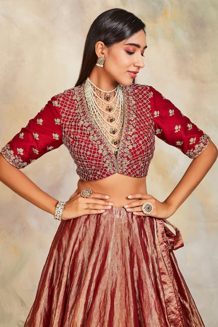 Shop Sue Mue Maroon Tissue, Raw Silk And Organza V Neck Embroidered Lehenga Set Online at Aza Fashions Shop_Sue Mue_Maroon Tissue, Raw Silk And Organza V Neck Embroidered Lehenga Set _Online_at_Aza_Fashions