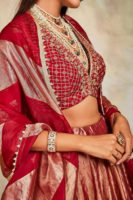 Sue Mue Maroon Tissue, Raw Silk And Organza V Neck Embroidered Lehenga Set at Aza Fashions Sue Mue_Maroon Tissue, Raw Silk And Organza V Neck Embroidered Lehenga Set _at_Aza_Fashions