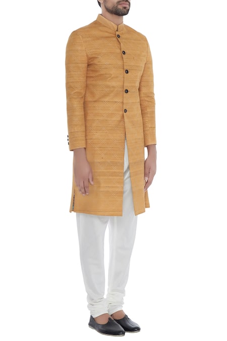 Khanijo_Yellow Handloom Silk Mango Kantha Chequered Achkan _Online_at_Aza_Fashions