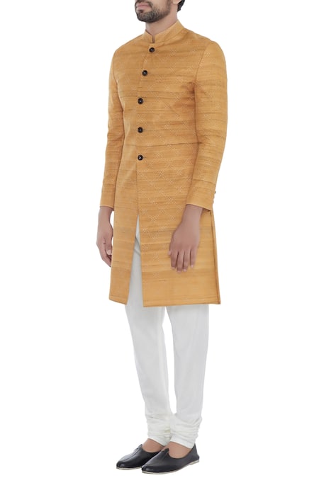 Buy_Khanijo_Yellow Handloom Silk Mango Kantha Chequered Achkan _Online_at_Aza_Fashions