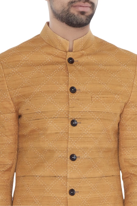 Khanijo_Yellow Handloom Silk Mango Kantha Chequered Achkan _at_Aza_Fashions