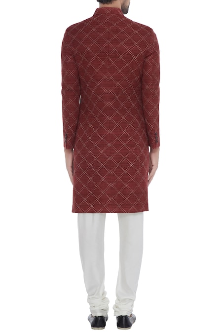 Khanijo Red handloom silk kantha chequered achkan 