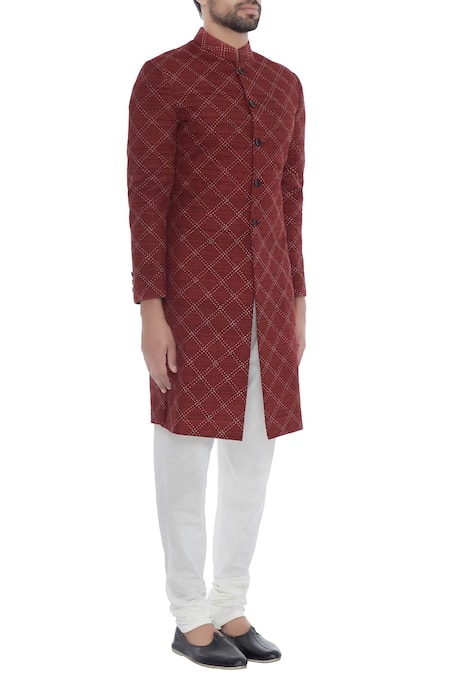 Khanijo_Red Handloom Silk Kantha Chequered Achkan _Online_at_Aza_Fashions