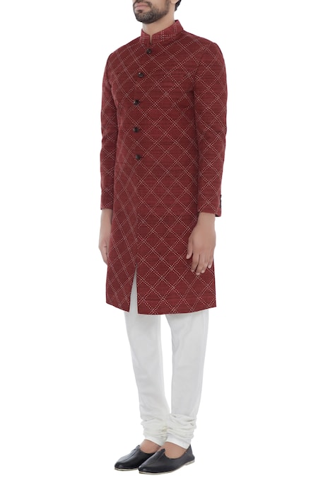 Buy_Khanijo_Red Handloom Silk Kantha Chequered Achkan _Online_at_Aza_Fashions