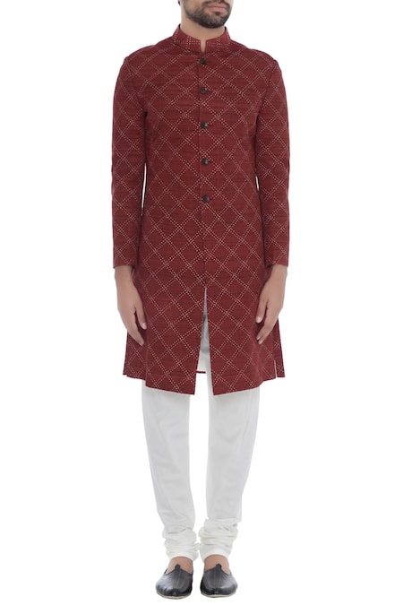 Shop_Khanijo_Red Handloom Silk Kantha Chequered Achkan _Online_at_Aza_Fashions