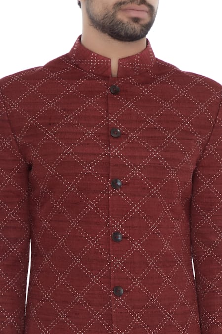 Khanijo_Red Handloom Silk Kantha Chequered Achkan _at_Aza_Fashions