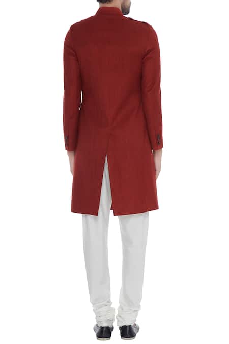 Khanijo Red solid handloom silk achkan 