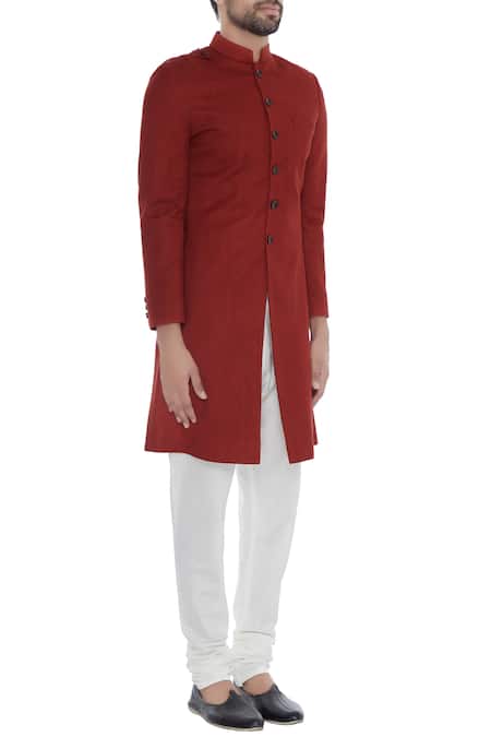 Khanijo_Red Handloom Silk Solid Achkan _Online_at_Aza_Fashions