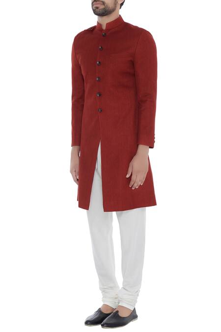 Buy_Khanijo_Red Handloom Silk Solid Achkan _Online_at_Aza_Fashions