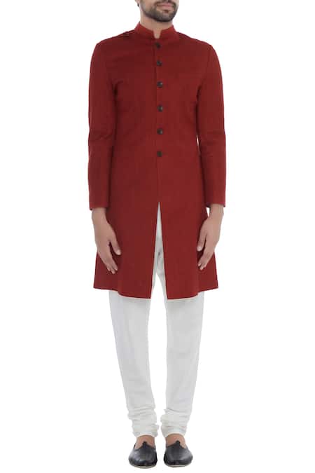 Shop_Khanijo_Red Handloom Silk Solid Achkan _Online_at_Aza_Fashions