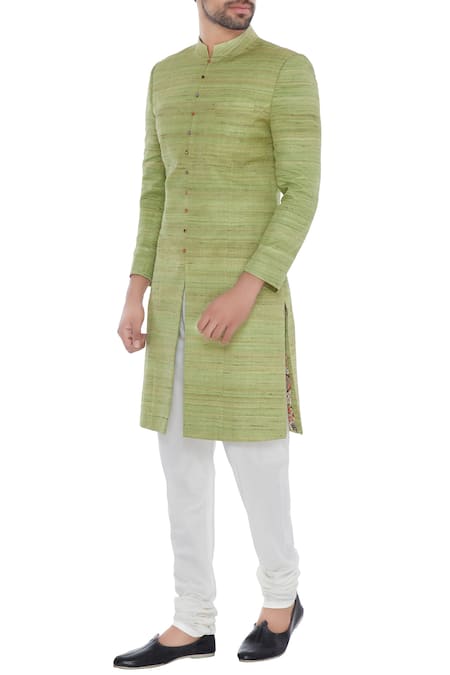 Khanijo Mint green solid handloom silk achkan with printed lining 