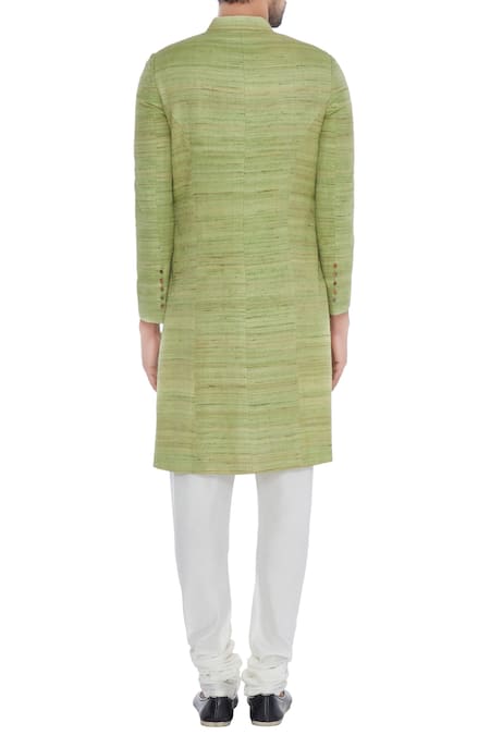 Khanijo Mint green solid handloom silk achkan with printed lining 