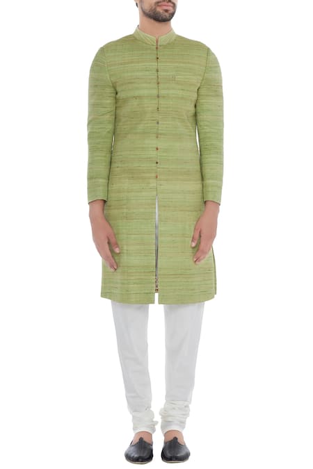 Shop_Khanijo_Green Handloom Silk Mint Solid Achkan With Printed Lining _Online_at_Aza_Fashions