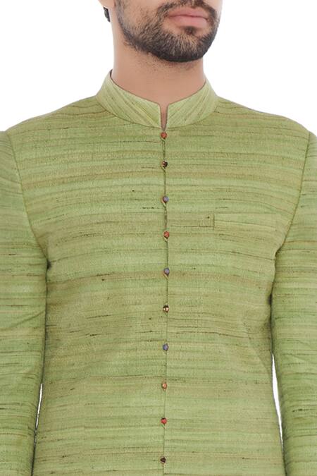 Khanijo_Green Handloom Silk Mint Solid Achkan With Printed Lining _at_Aza_Fashions