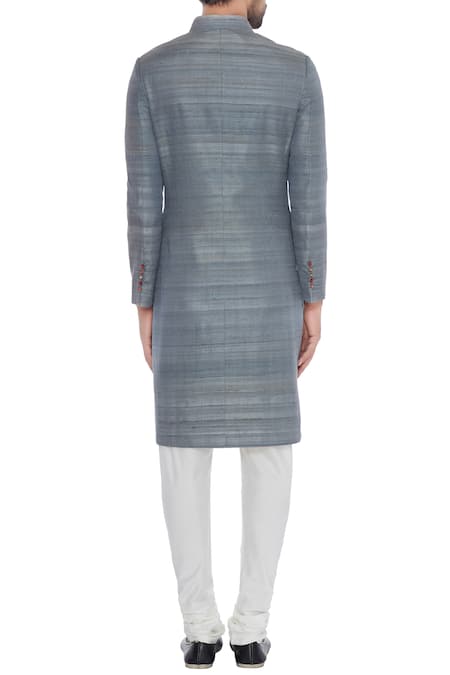 Khanijo Grey solid handloom silk achkan with printed lining 