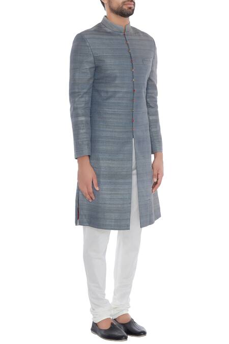 Khanijo_Grey Handloom Silk Solid Achkan With Printed Lining _Online_at_Aza_Fashions