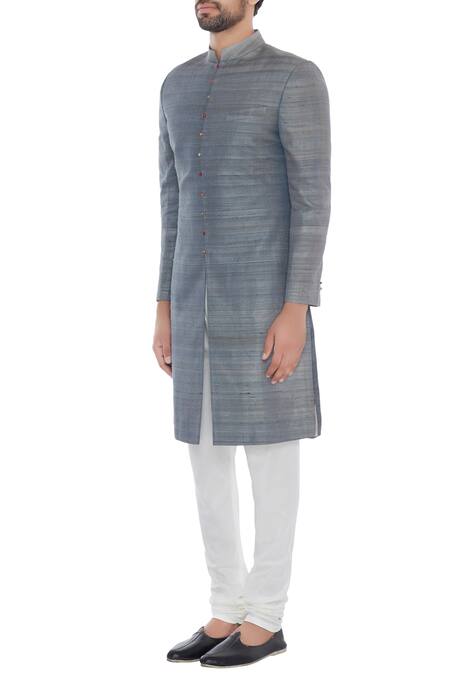 Buy_Khanijo_Grey Handloom Silk Solid Achkan With Printed Lining _Online_at_Aza_Fashions