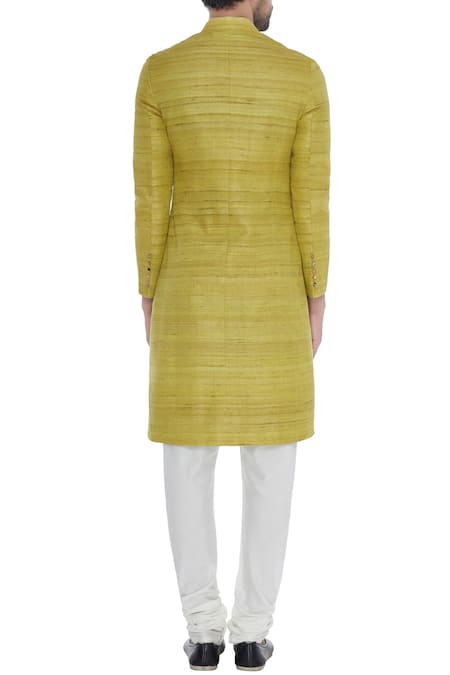 Khanijo Lime green solid handloom silk achkan with printed lining 