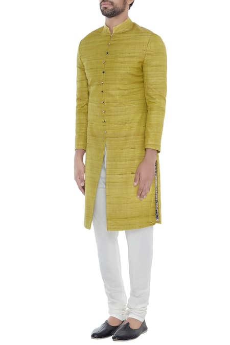 Buy_Khanijo_Green Handloom Silk Lime Solid Achkan With Printed Lining _Online_at_Aza_Fashions