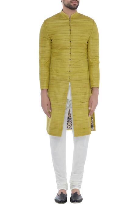 Shop_Khanijo_Green Handloom Silk Lime Solid Achkan With Printed Lining _Online_at_Aza_Fashions