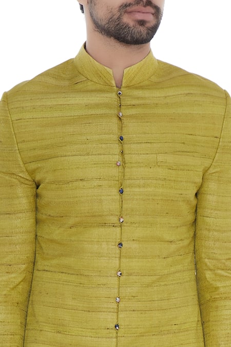 Khanijo_Green Handloom Silk Lime Solid Achkan With Printed Lining _at_Aza_Fashions