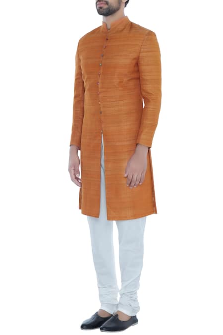 Buy_Khanijo_Orange Handloom Silk Solid Achkan With Printed Lining _Online_at_Aza_Fashions