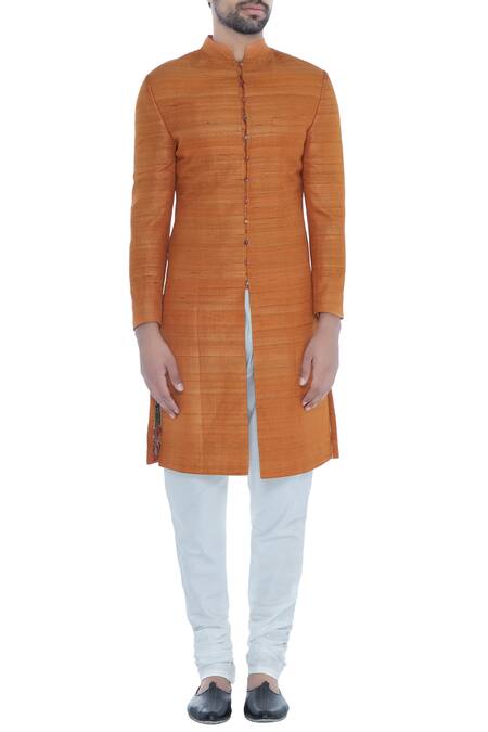 Shop_Khanijo_Orange Handloom Silk Solid Achkan With Printed Lining _Online_at_Aza_Fashions