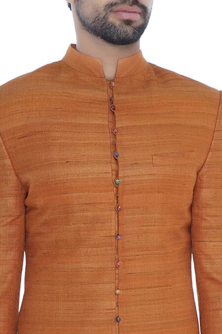 Khanijo_Orange Handloom Silk Solid Achkan With Printed Lining _at_Aza_Fashions