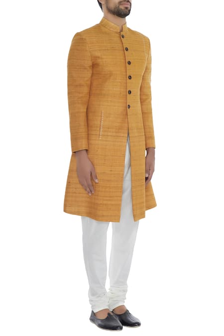 Khanijo_Yellow Handloom Silk Mango Textured Achkan _Online_at_Aza_Fashions