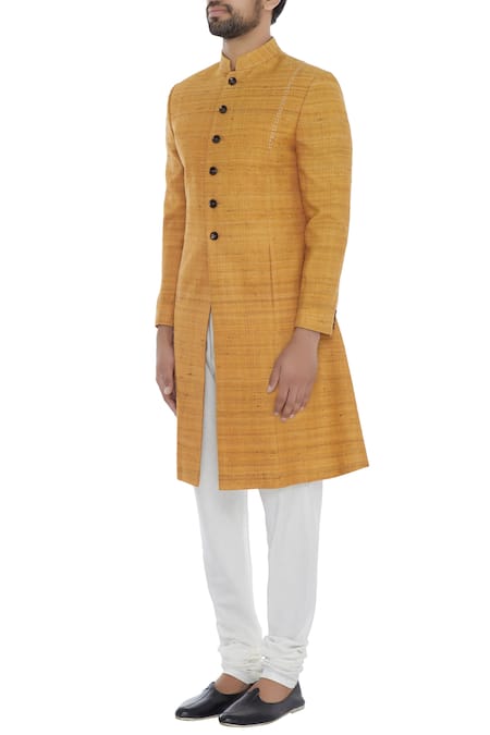 Buy_Khanijo_Yellow Handloom Silk Mango Textured Achkan _Online_at_Aza_Fashions