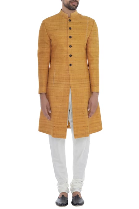 Shop_Khanijo_Yellow Handloom Silk Mango Textured Achkan _Online_at_Aza_Fashions