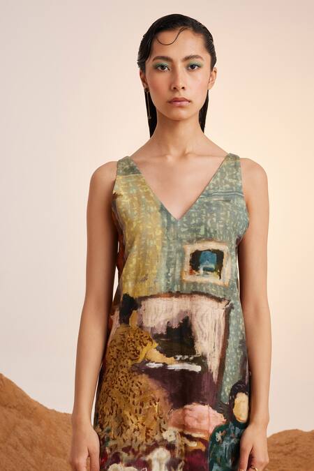 Cord_Beige Rayon V-neck Zen High Tea Print Dress_Online_at_Aza_Fashions