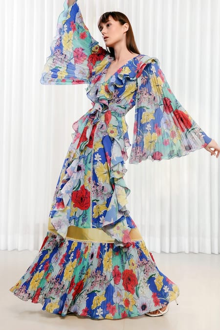 Buy_Mandira Wirk Resort_Multi Color Chiffon, Organza Ruffles, Lace V-neck Hibiscus Print Gown _Online_at_Aza_Fashions