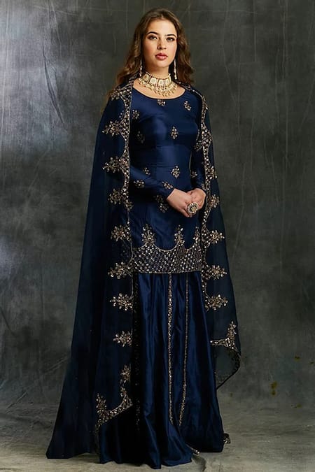 Shop Astha Narang Blue Silk, Organza Round Kurta Gharara Set at Aza Fashions Shop_Astha Narang_Blue Silk, Organza Round Kurta Gharara Set _at_Aza_Fashions