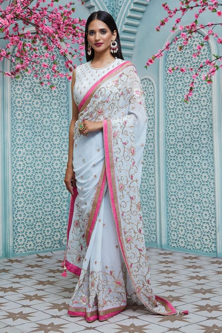 Aariyana Couture_Blue Georgette Embroidery Round Neck Saree With Blouse _Online_at_Aza_Fashions