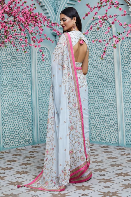 Shop_Aariyana Couture_Blue Georgette Embroidery Round Neck Saree With Blouse _at_Aza_Fashions