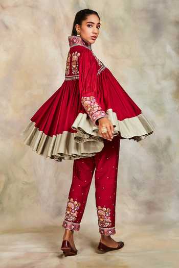 Sue Mue_Maroon Raw Silk Band Embroidered Anarkali And Pant Set_Online_at_Aza_Fashions