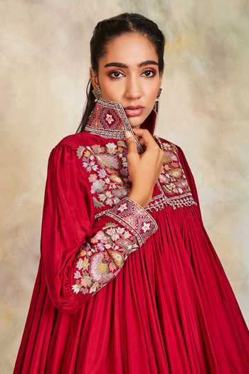 Buy_Sue Mue_Maroon Raw Silk Band Embroidered Anarkali And Pant Set_Online_at_Aza_Fashions