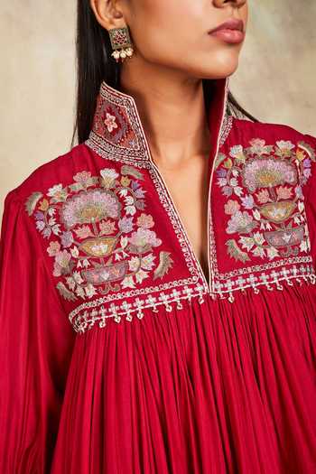 Shop_Sue Mue_Maroon Raw Silk Band Embroidered Anarkali And Pant Set_Online_at_Aza_Fashions