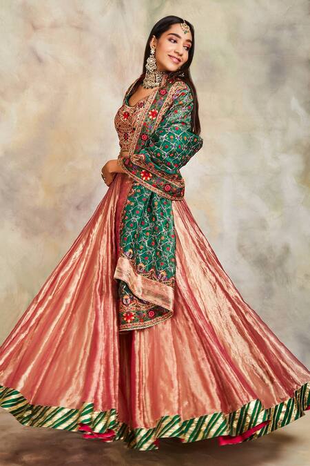 Sue Mue Green Tissue, Raw Silk And Organza Leaf Neck Embroidered Lehenga Set Online at Aza Fashions Sue Mue_Green Tissue, Raw Silk And Organza Leaf Neck Embroidered Lehenga Set _Online_at_Aza_Fashions