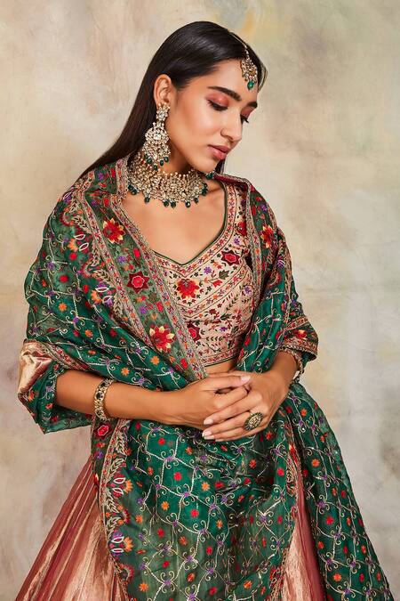 Buy Sue Mue Green Tissue, Raw Silk And Organza Leaf Neck Embroidered Lehenga Set Online at Aza Fashions Buy_Sue Mue_Green Tissue, Raw Silk And Organza Leaf Neck Embroidered Lehenga Set _Online_at_Aza_Fashions