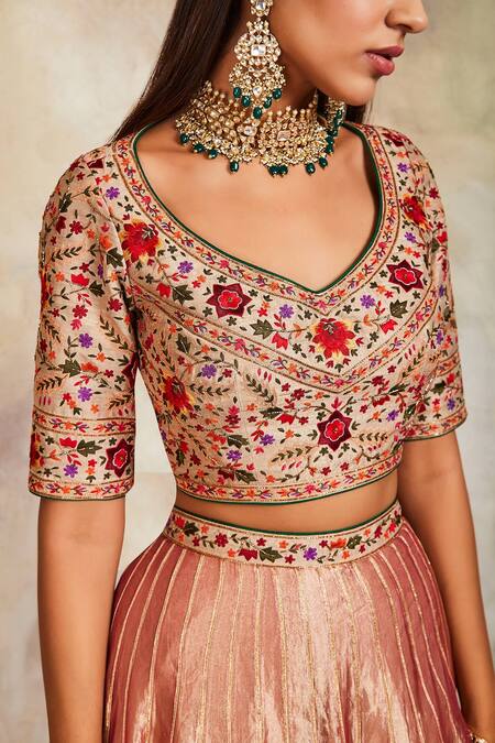 Shop Sue Mue Green Tissue, Raw Silk And Organza Leaf Neck Embroidered Lehenga Set Online at Aza Fashions Shop_Sue Mue_Green Tissue, Raw Silk And Organza Leaf Neck Embroidered Lehenga Set _Online_at_Aza_Fashions