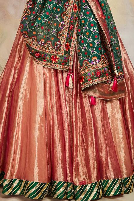 Sue Mue Green Tissue, Raw Silk And Organza Leaf Neck Embroidered Lehenga Set at Aza Fashions Sue Mue_Green Tissue, Raw Silk And Organza Leaf Neck Embroidered Lehenga Set _at_Aza_Fashions