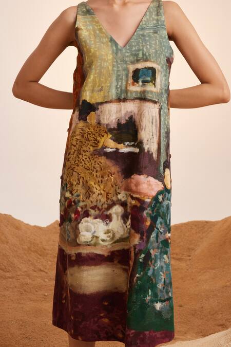 Buy_Cord_Beige Rayon V-neck Zen High Tea Print Dress_Online_at_Aza_Fashions