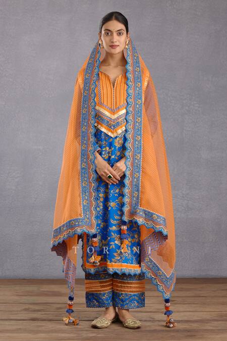Torani_Blue , , Gota Patti, Persian Printed Kurta Set _at_Aza_Fashions