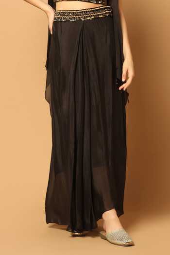 Two Sisters By Gyans Black Chiffon Sequins, Beads, Sleeveless Cape And Waistband Draped Skirt Set Online at Aza Fashions Two Sisters By Gyans_Black Chiffon Sequins, Beads, Sleeveless Cape And Waistband Draped Skirt Set _Online_at_Aza_Fashions